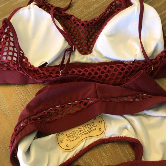 Women’s 2pc Plus Size Burgundy Red Mesh Fishnet High Waisted Bikini Set Size 3XL - Picture 7 of 9